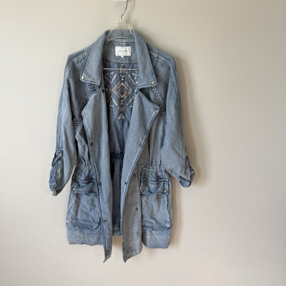 MISS ME Denim Jacket Duster Embroidered Light Blue Southwestern Cinch Waist M